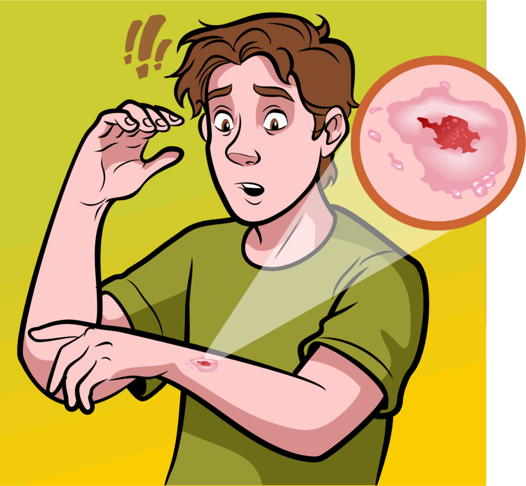 Esporotricose em Humanos: Identificação Visual e Sinais de Infecção Cutânea – Ilustração Detalhada com Lesão no Braço. Saiba Mais Sobre Sintomas e Tratamentos Efetivos para a Esporotricose.