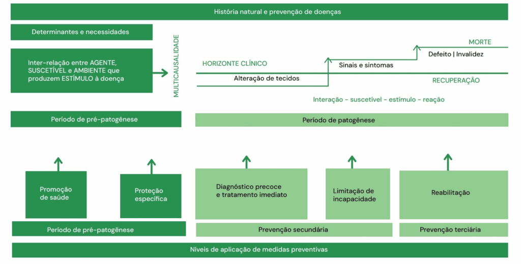 Fluxograma da história natural da doença e prevenção em saúde, mostrando os períodos de pré-patogênese e patogênese, o horizonte clínico, sinais e sintomas, morte ou recuperação, além das medidas preventivas: promoção da saúde, proteção específica, diagnóstico precoce, limitação de incapacidade e reabilitação.