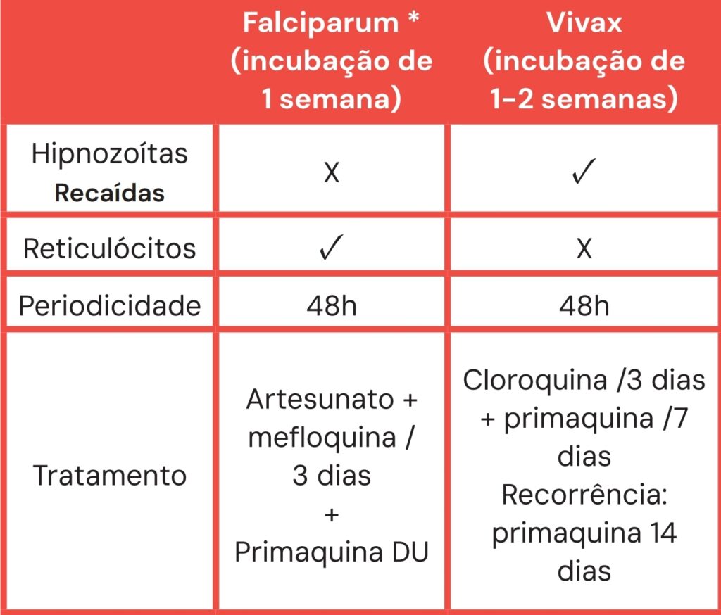 Tabela comparativa entre malária por Plasmodium falciparum e Plasmodium vivax, destacando incubação, presença de hipnozoítos, reticulócitos, periodicidade e tratamento recomendado.