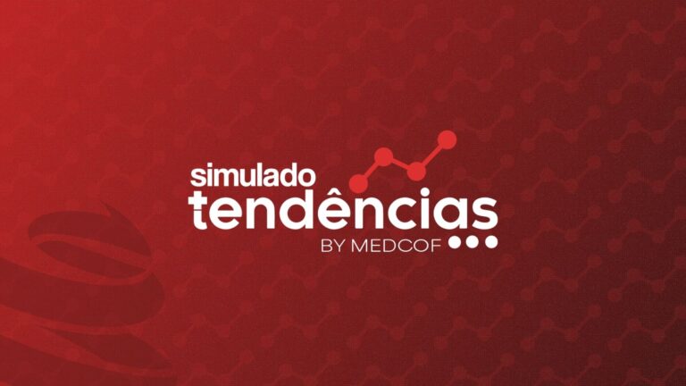 Logotipo do Simulado Tendências Medcof, com a escrita 'simulado tendências' em destaque ao lado de um gráfico de linha ascendente e a assinatura 'BY MEDCOF' abaixo, em branco sobre fundo vermelho."