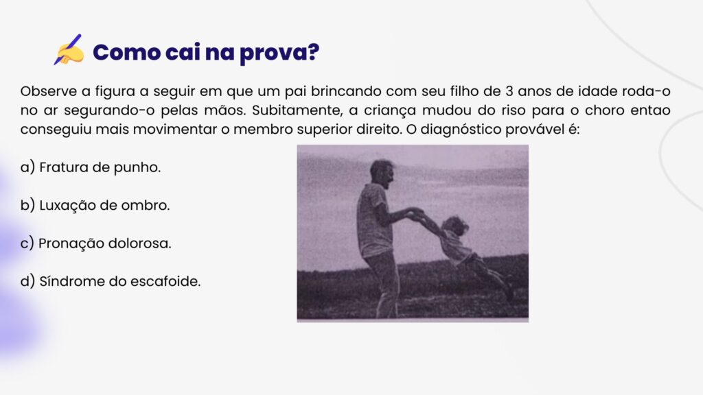 Observe a figura a seguir em que um pai brincando com seu filho de 3 anos de idade roda-o no ar segurando-o pelas mãos. Subitamente, a criança mudou do riso para o choro entao conseguiu mais movimentar o membro superior direito. O diagnóstico provável é:

a) Fratura de punho.

b) Luxação de ombro.

c) Pronação dolorosa.

d) Síndrome do escafoide.