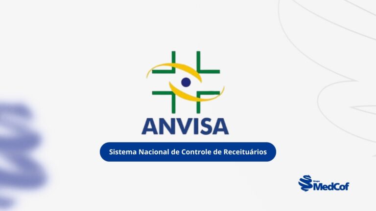 A imagem apresenta o logotipo da ANVISA, composto por formas geométricas verdes e uma esfera central azul, envoltas por duas curvas amarelas. Abaixo do logotipo, está a sigla "ANVISA". Logo abaixo, em um fundo azul, lê-se "Sistema Nacional de Controle de Receituários". No canto inferior direito, está o logo do Grupo MedCof. O fundo é claro e limpo.