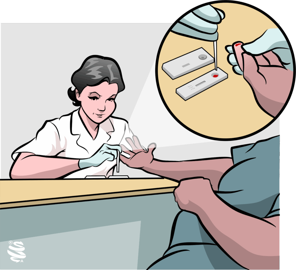 Imagem de teste rápido de sífilis em clínica, ilustrando profissional de saúde coletando sangue do dedo do paciente para diagnóstico preciso e rápido. Destaca a importância da detecção precoce e do tratamento eficaz da sífilis