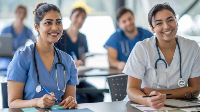 melhores residencias medicas do brasil Profissionais da saúde em sala de aula, sorrindo e fazendo anotações durante uma atividade de capacitação.