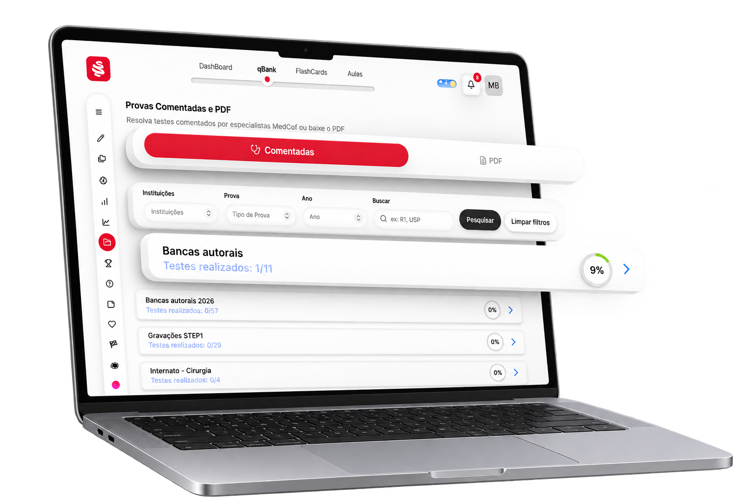 Central de testes e aulas organizadas por unidade didática no MacBook